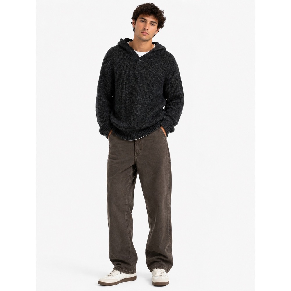 Prana Hoodie Sweater Mens Medium Charcoal Grey Organic Cotton Wool Blend Henley